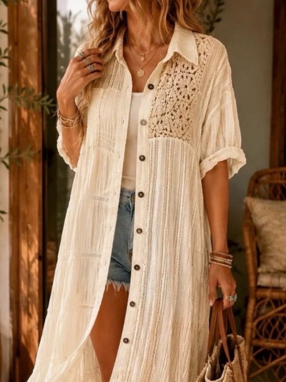 POL patchwork lace midi shirt dress